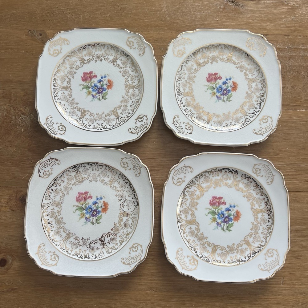 Vintage Harker Pottery Floral Dessert Plates 22KT Trim 6.5"‎ Set 4 USA Shabby